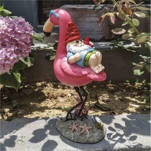 Gnome Garden Statue Funny Gnome Reclining on Flamingo Figurines, Resin Garden